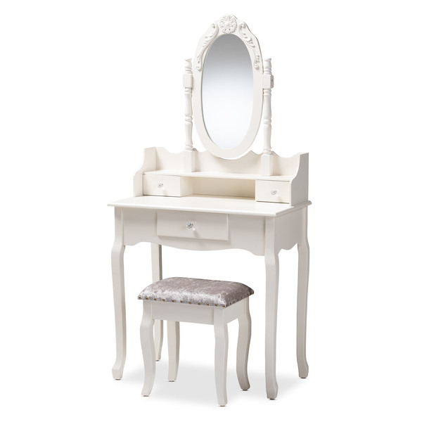 Baxton Studio Veronique White Finished Wood 2-Piece Table with Mirror and Ottoman 151-9208